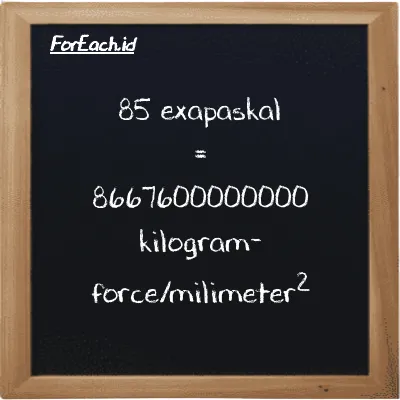 85 exapaskal setara dengan 8667600000000 kilogram-force/milimeter<sup>2</sup> (85 EPa setara dengan 8667600000000 kgf/mm<sup>2</sup>)
